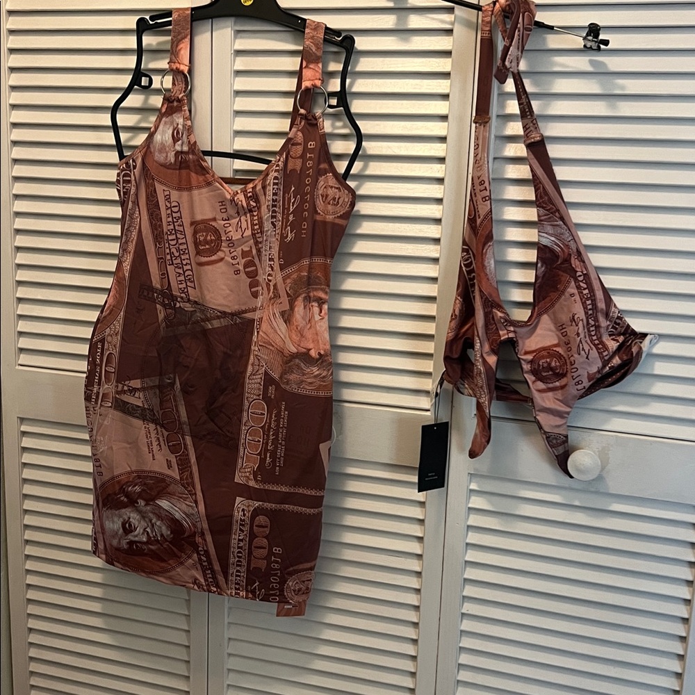 #010**Tan Money print dress ( M) Manifesting Money & Women Crop top